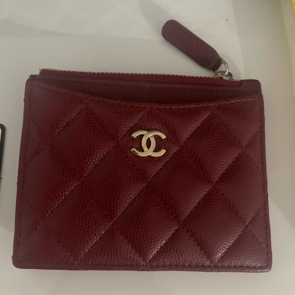 Authentic Chanel dark red caviar card coin case holder